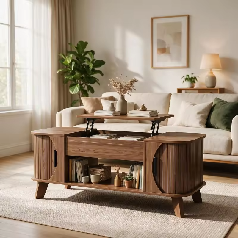 Modern Coffee Table with Storage and Hidden Compartment, Open Shelving for Living Room