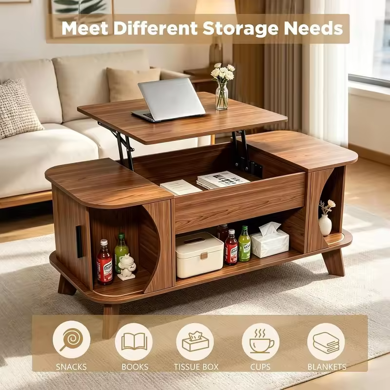 Modern Coffee Table with Storage and Hidden Compartment, Open Shelving for Living Room