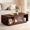 47 Inch Wooden Coffee Table with Sliding Door Storage and Open Shelf for Living Room