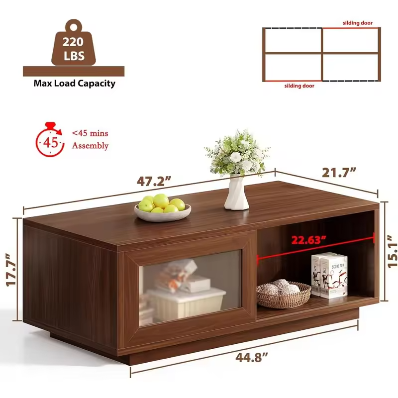 47 Inch Wooden Coffee Table with Sliding Door Storage and Open Shelf for Living Room