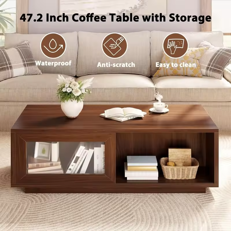 47 Inch Wooden Coffee Table with Sliding Door Storage and Open Shelf for Living Room