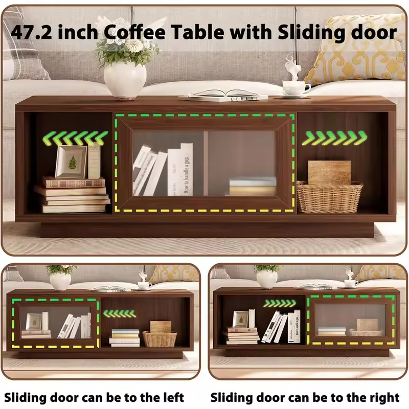 47 Inch Wooden Coffee Table with Sliding Door Storage and Open Shelf for Living Room