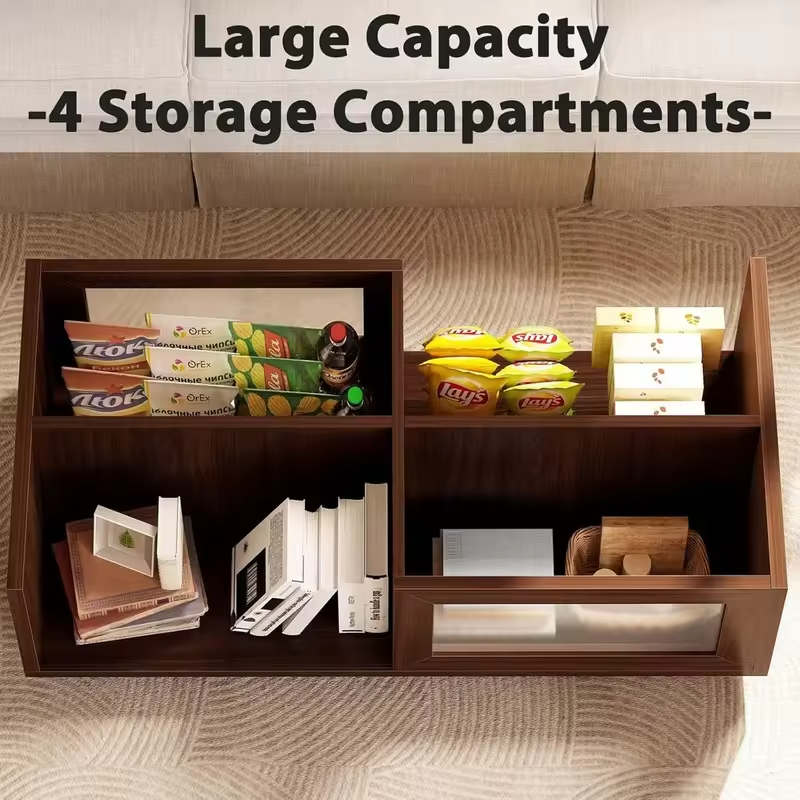 47 Inch Wooden Coffee Table with Sliding Door Storage and Open Shelf for Living Room