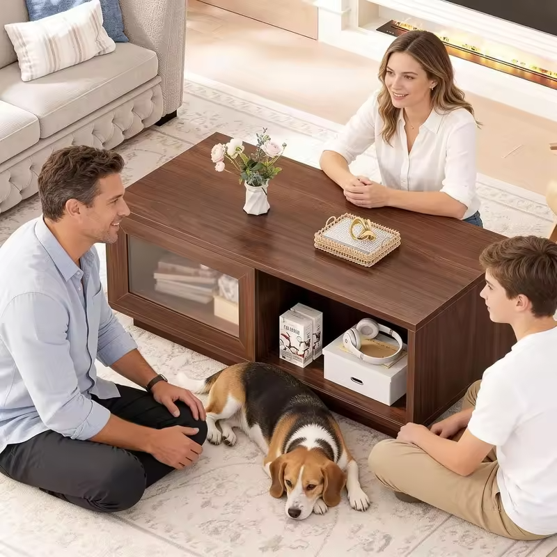 47 Inch Wooden Coffee Table with Sliding Door Storage and Open Shelf for Living Room