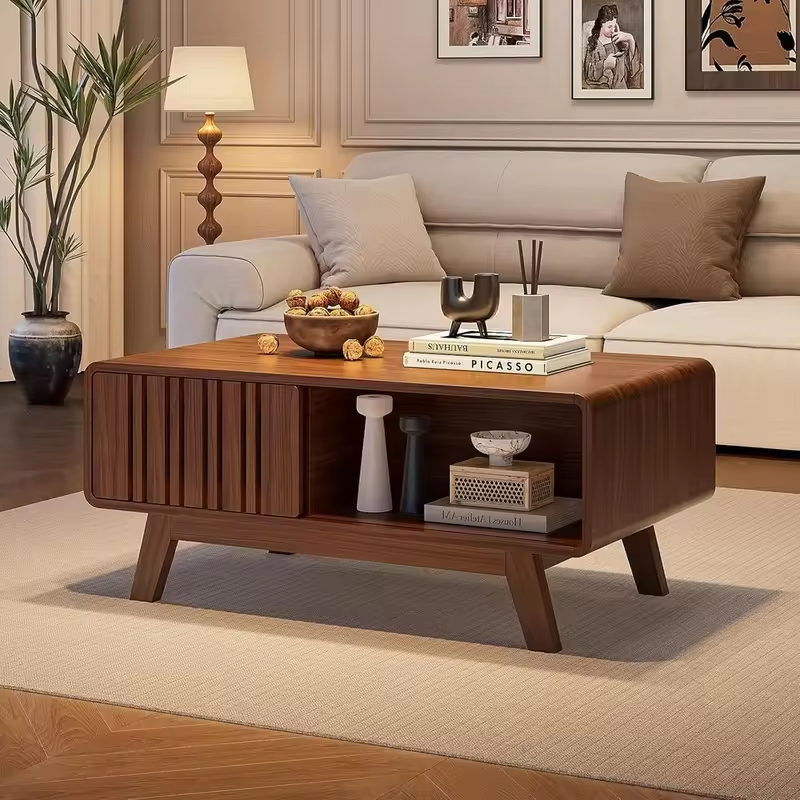 Walnut Living Room Coffee Table with Storage and Sliding Door