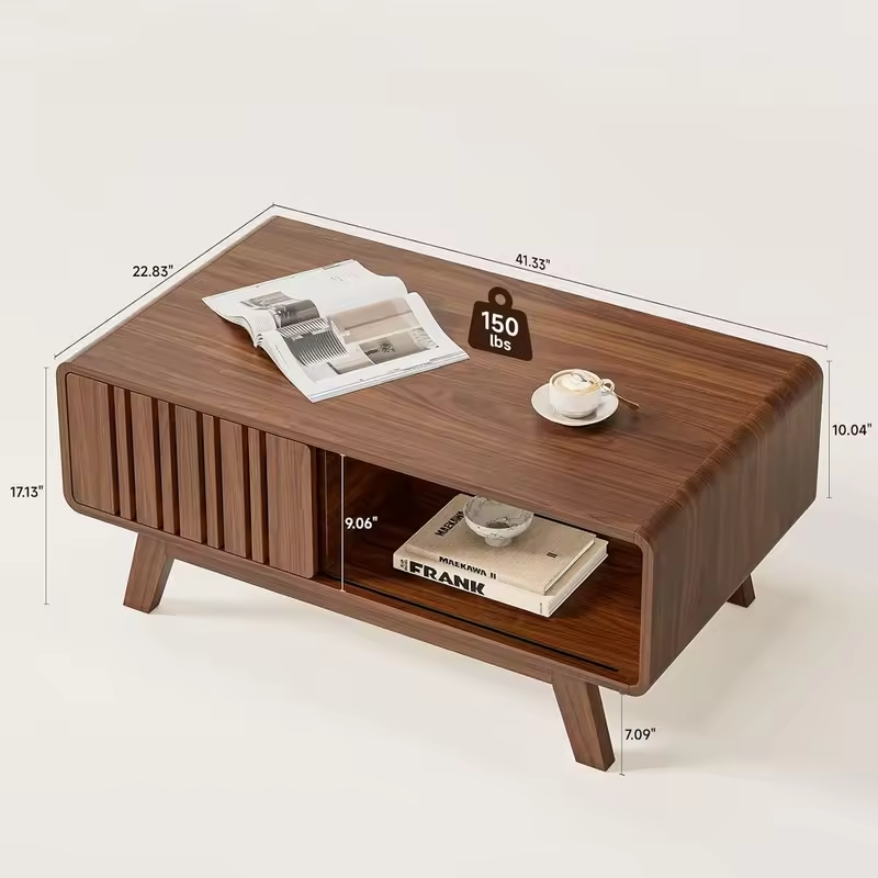 Walnut Living Room Coffee Table with Storage and Sliding Door