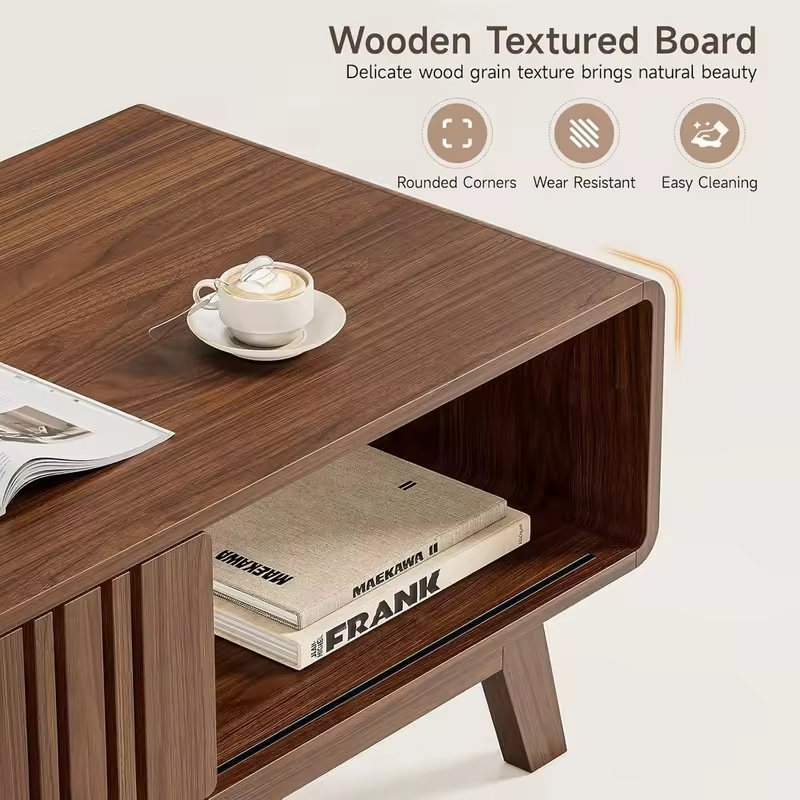 Walnut Living Room Coffee Table with Storage and Sliding Door