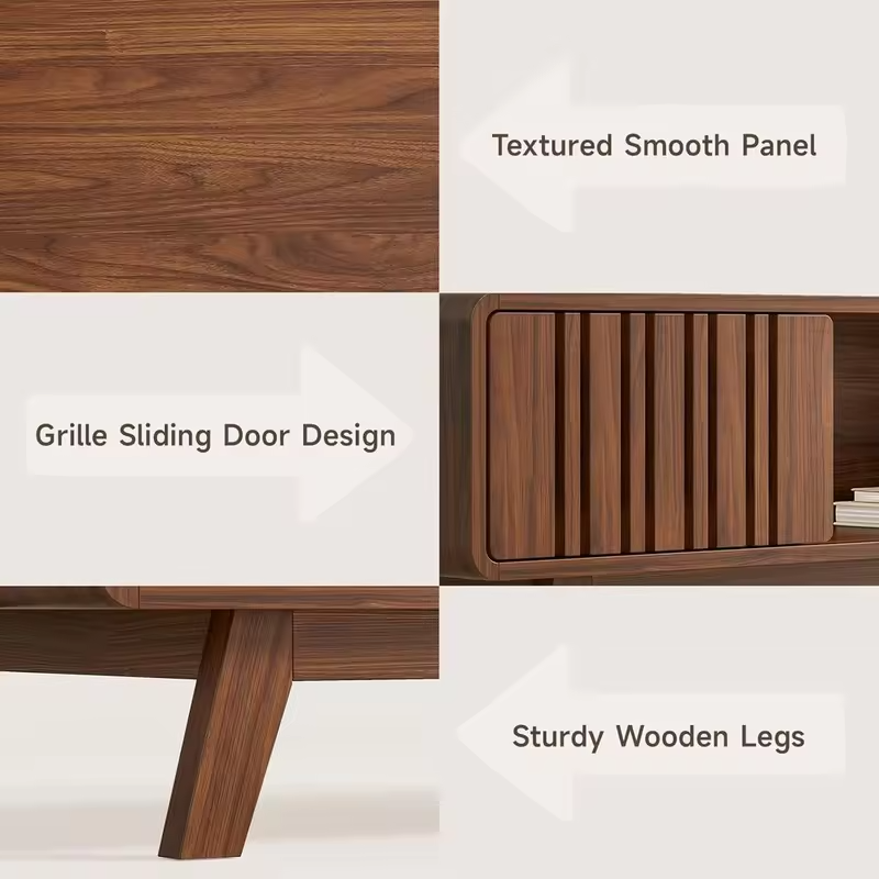 Walnut Living Room Coffee Table with Storage and Sliding Door