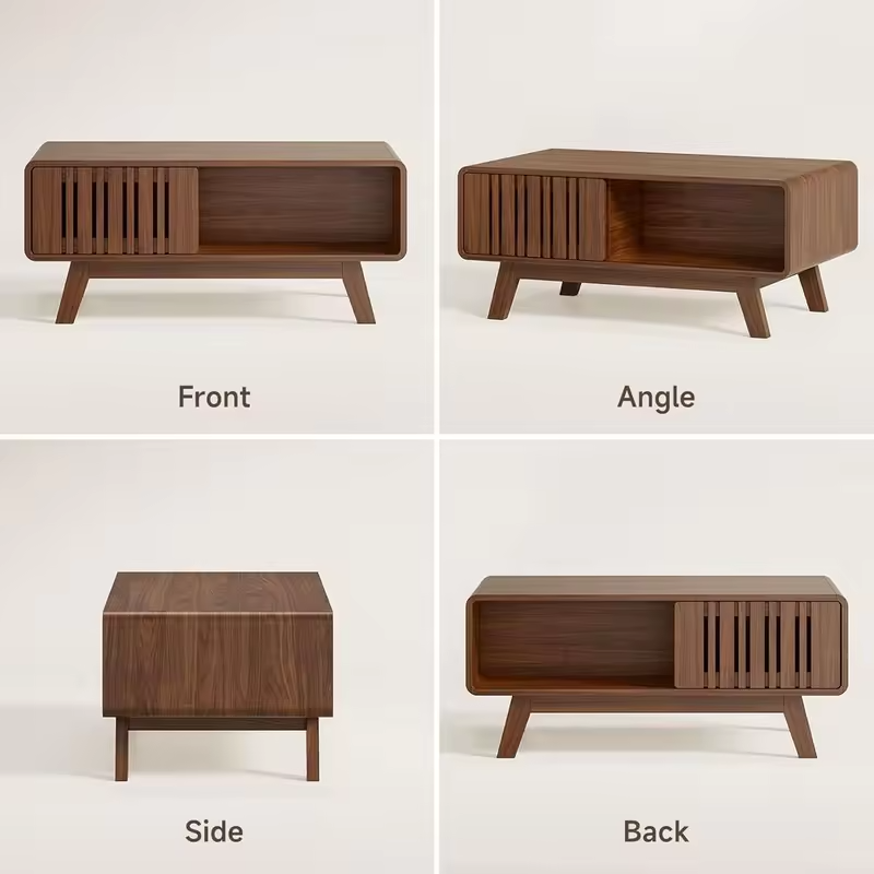 Walnut Living Room Coffee Table with Storage and Sliding Door
