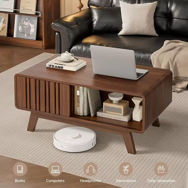 Walnut Living Room Coffee Table with Storage and Sliding Door