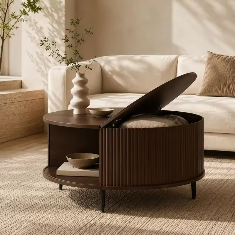 Round Coffee Table with Storage, 31.5 Brown Living Room Center Table