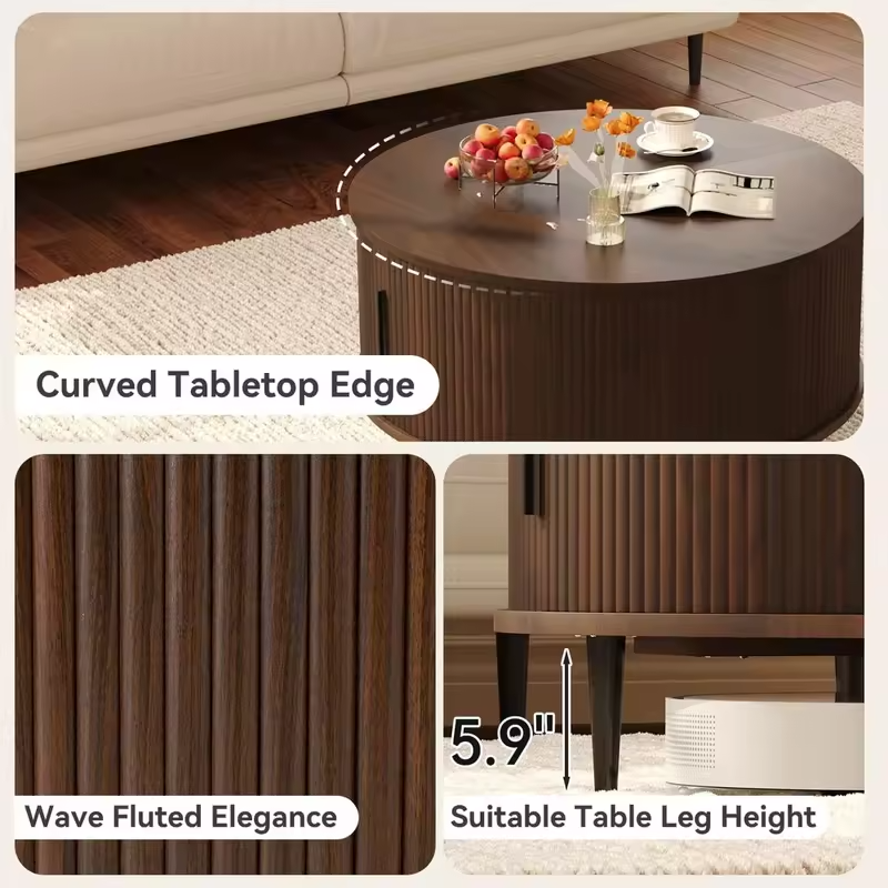 Round Coffee Table with Storage, 31.5 Brown Living Room Center Table