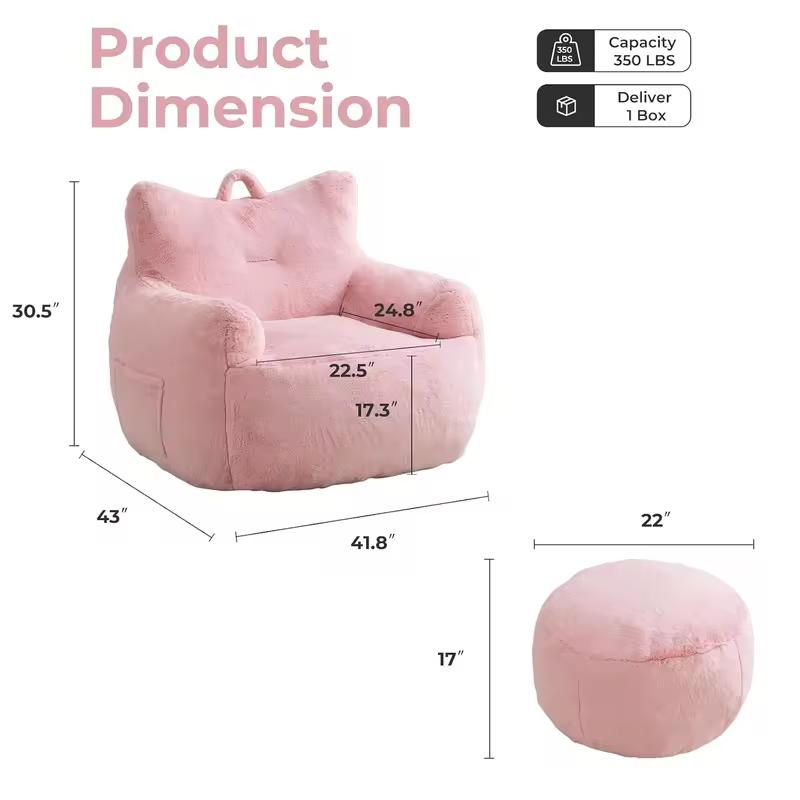 Oversized Bean Bag Sofa with Ottoman, Fluffy Filled Floor Lounger with Side Pocket for Living Room & Bedroom, Pink, Customized