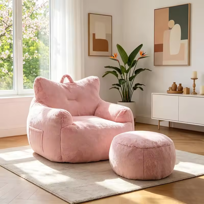 Oversized Bean Bag Sofa with Ottoman, Fluffy Filled Floor Lounger with Side Pocket for Living Room & Bedroom, Pink, Customized