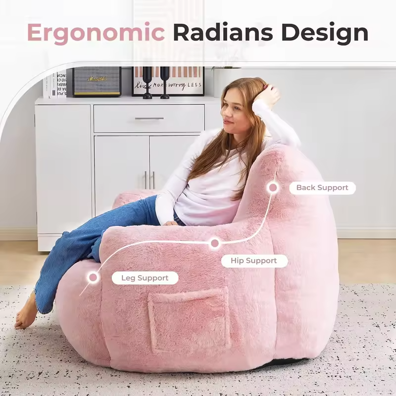 Oversized Bean Bag Sofa with Ottoman, Fluffy Filled Floor Lounger with Side Pocket for Living Room & Bedroom, Pink, Customized