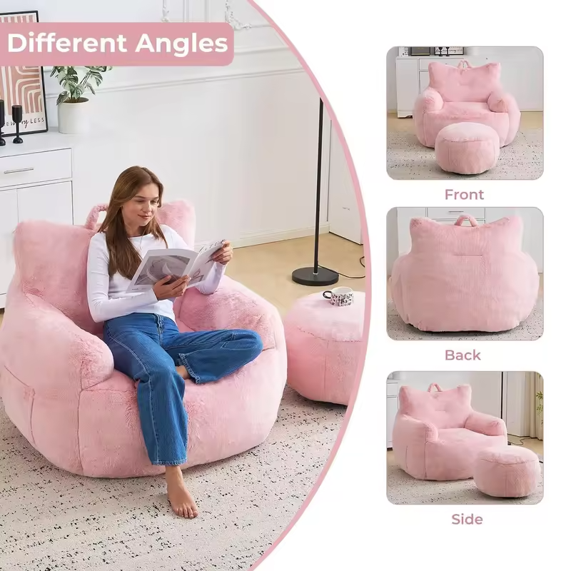 Oversized Bean Bag Sofa with Ottoman, Fluffy Filled Floor Lounger with Side Pocket for Living Room & Bedroom, Pink, Customized