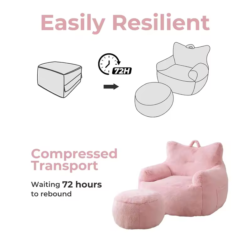 Oversized Bean Bag Sofa with Ottoman, Fluffy Filled Floor Lounger with Side Pocket for Living Room & Bedroom, Pink, Customized