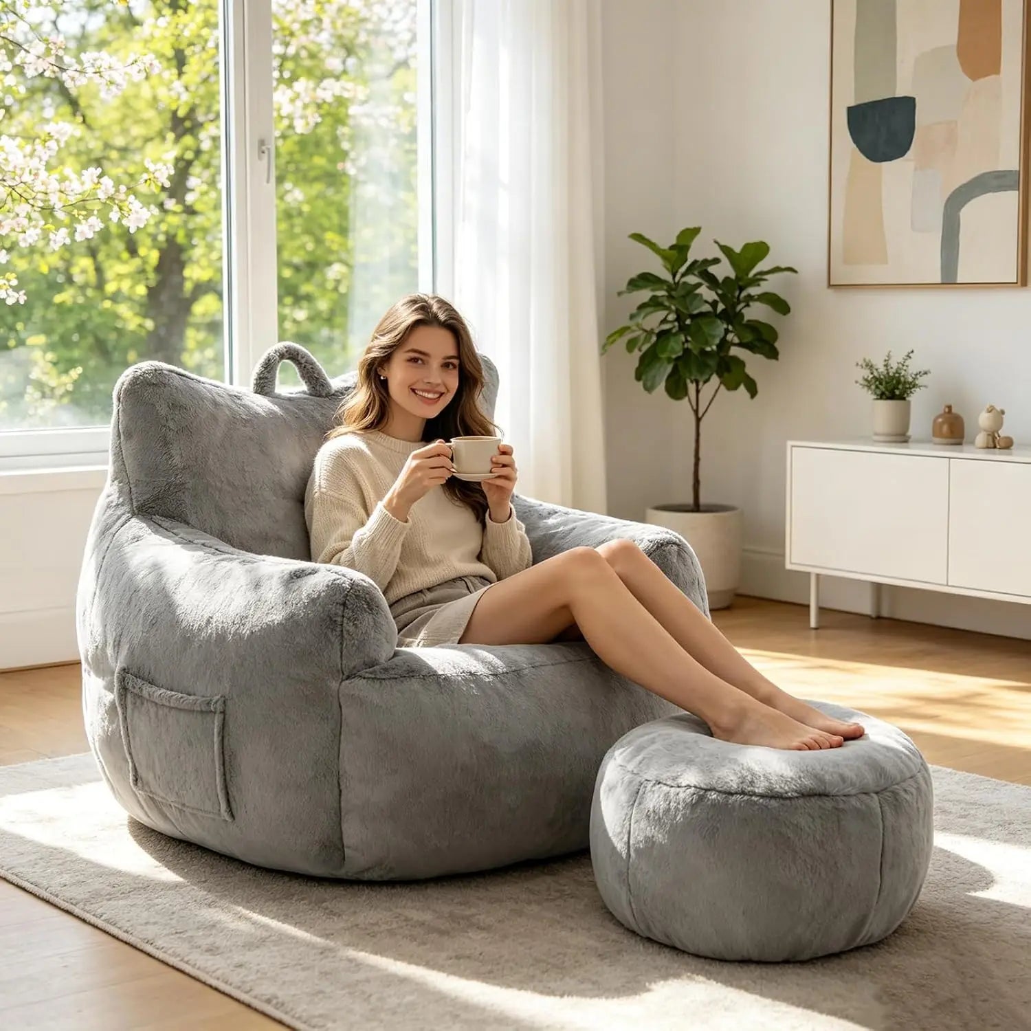 Oversized Bean Bag Sofa with Ottoman, Fluffy Filled Floor Lounger with Side Pocket for Living Room & Bedroom, Pink, Customized