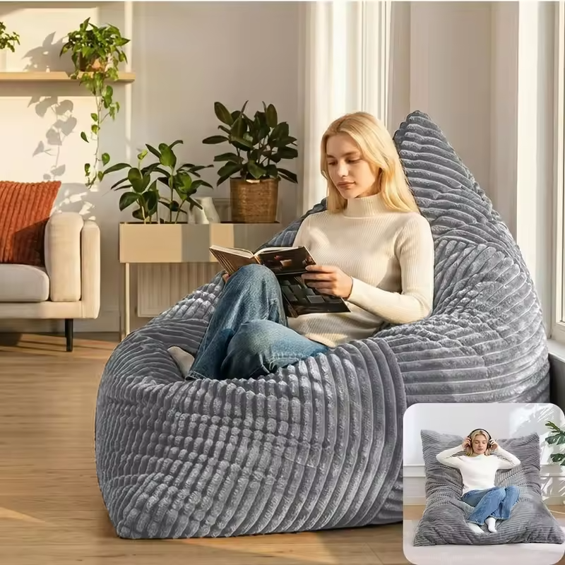3-in-1 Giant Bean Bag: Convertible Bed, Couch, Floor Cushion - Comfy Reading Lounge Sofa, Corduroy Washable Cover, Ideal for Bed