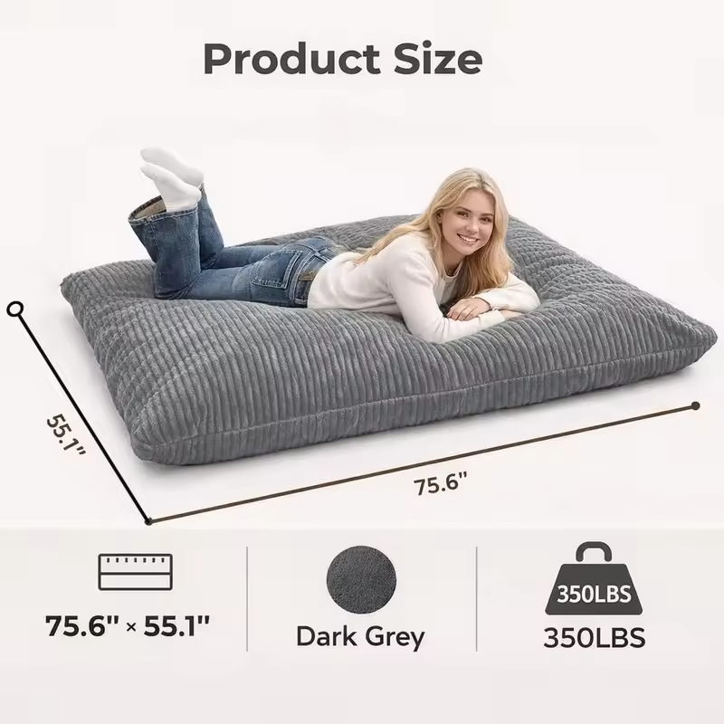 3-in-1 Giant Bean Bag: Convertible Bed, Couch, Floor Cushion - Comfy Reading Lounge Sofa, Corduroy Washable Cover, Ideal for Bed