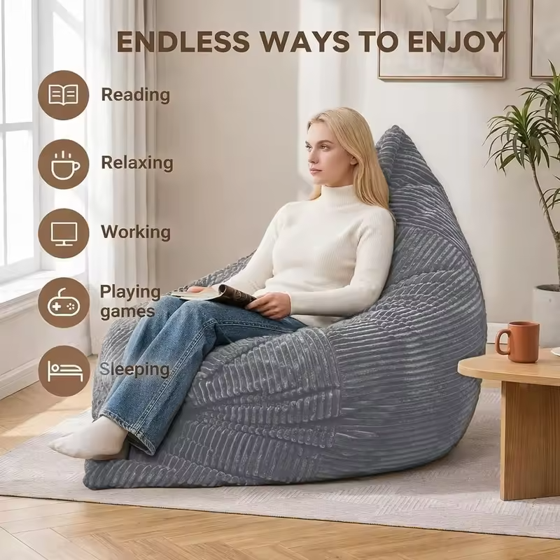 3-in-1 Giant Bean Bag: Convertible Bed, Couch, Floor Cushion - Comfy Reading Lounge Sofa, Corduroy Washable Cover, Ideal for Bed