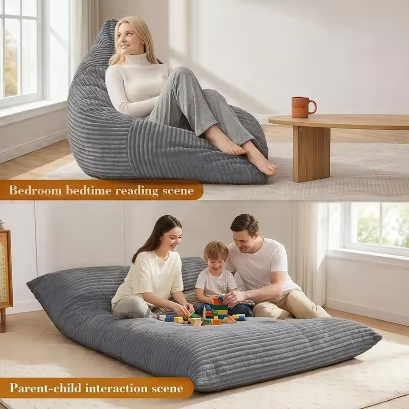 3-in-1 Giant Bean Bag: Convertible Bed, Couch, Floor Cushion - Comfy Reading Lounge Sofa, Corduroy Washable Cover, Ideal for Bed