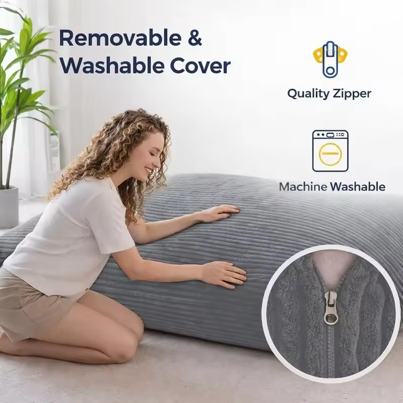 3-in-1 Giant Bean Bag: Convertible Bed, Couch, Floor Cushion - Comfy Reading Lounge Sofa, Corduroy Washable Cover, Ideal for Bed