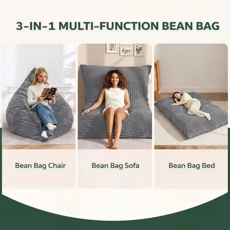 3-in-1 Giant Bean Bag: Convertible Bed, Couch, Floor Cushion - Comfy Reading Lounge Sofa, Corduroy Washable Cover, Ideal for Bed