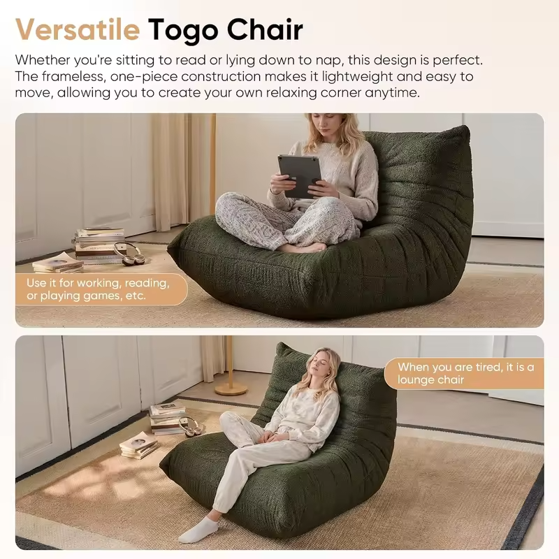 Adults Bean Bag Togo Comfy Lazy Floor Sofa Green 1 Seater, Customized
