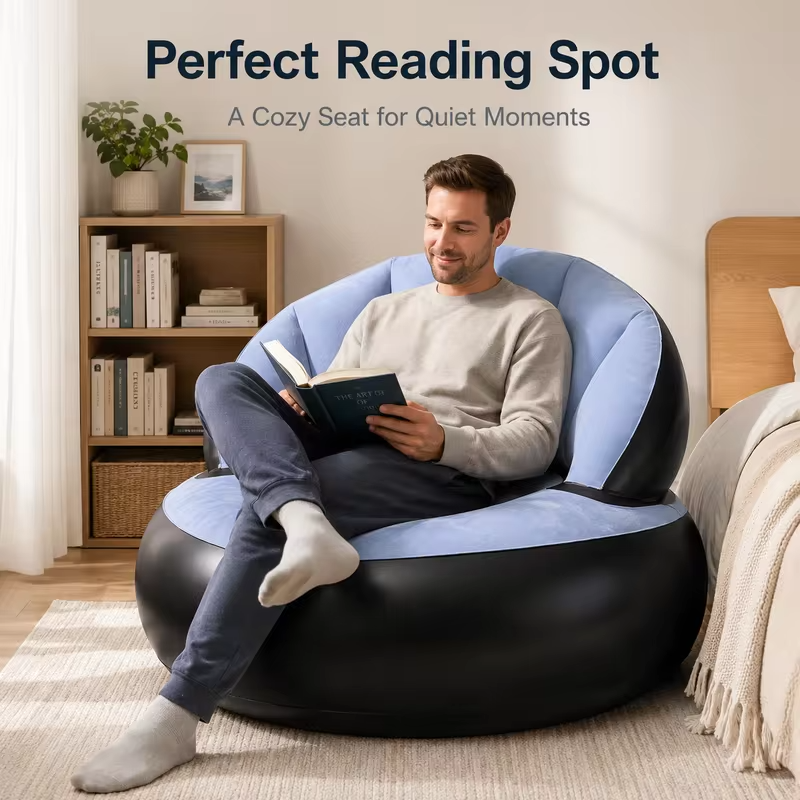 1PC Inflatable Sofa Chair with Air Pump, Thickened Flocking Air Lounge Chair Portable Lazy Bean Bag Air Couch for Living Roo