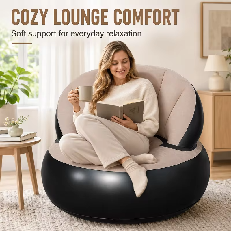 1PC Inflatable Sofa Chair with Air Pump, Thickened Flocking Air Lounge Chair Portable Lazy Bean Bag Air Couch for Living Roo
