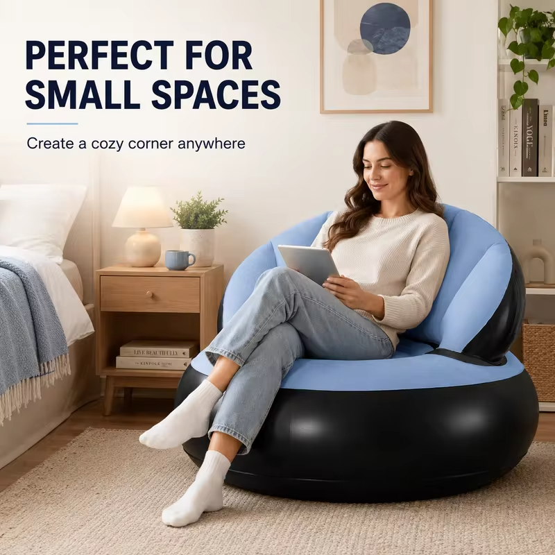 1PC Inflatable Sofa Chair with Air Pump, Thickened Flocking Air Lounge Chair Portable Lazy Bean Bag Air Couch for Living Roo