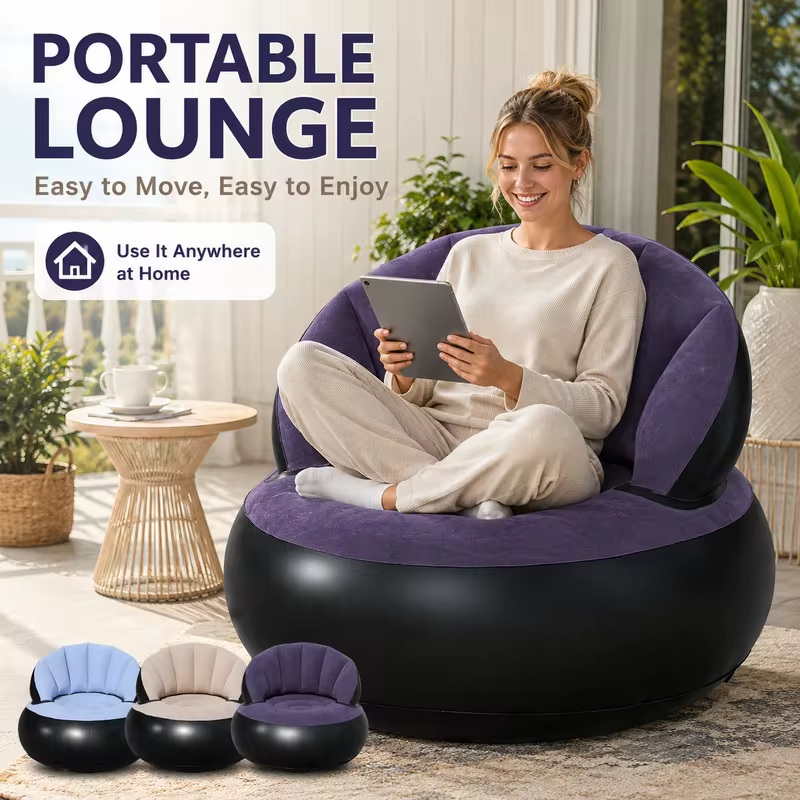 1PC Inflatable Sofa Chair with Air Pump, Thickened Flocking Air Lounge Chair Portable Lazy Bean Bag Air Couch for Living Roo