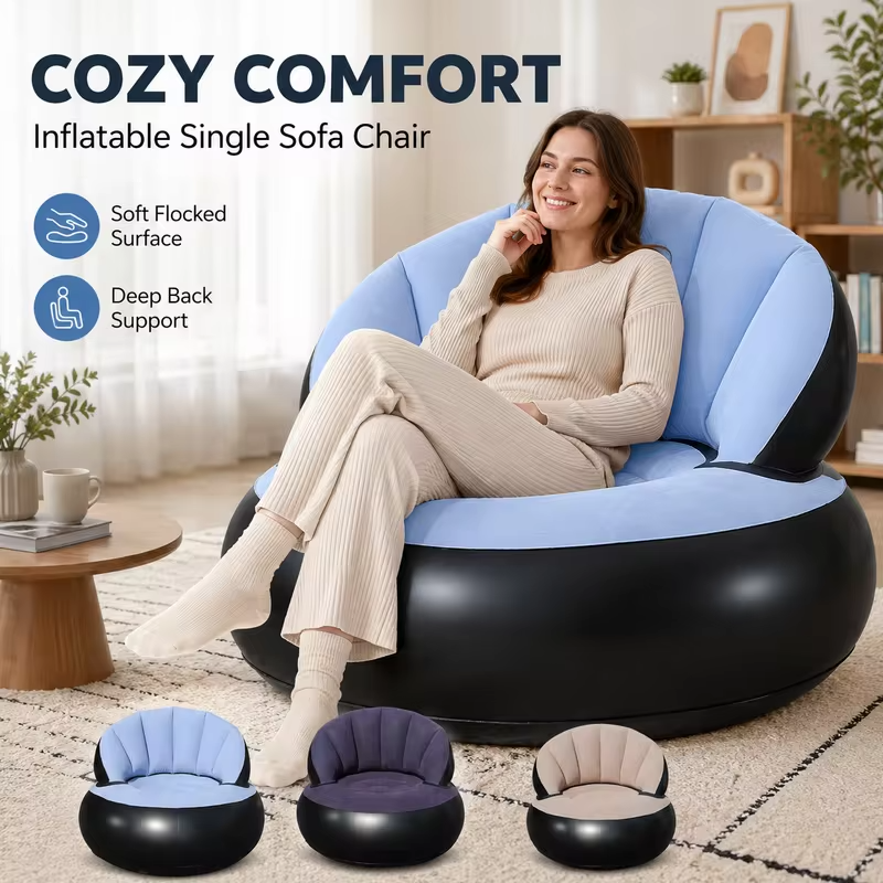 1PC Inflatable Sofa Chair with Air Pump, Thickened Flocking Air Lounge Chair Portable Lazy Bean Bag Air Couch for Living Roo