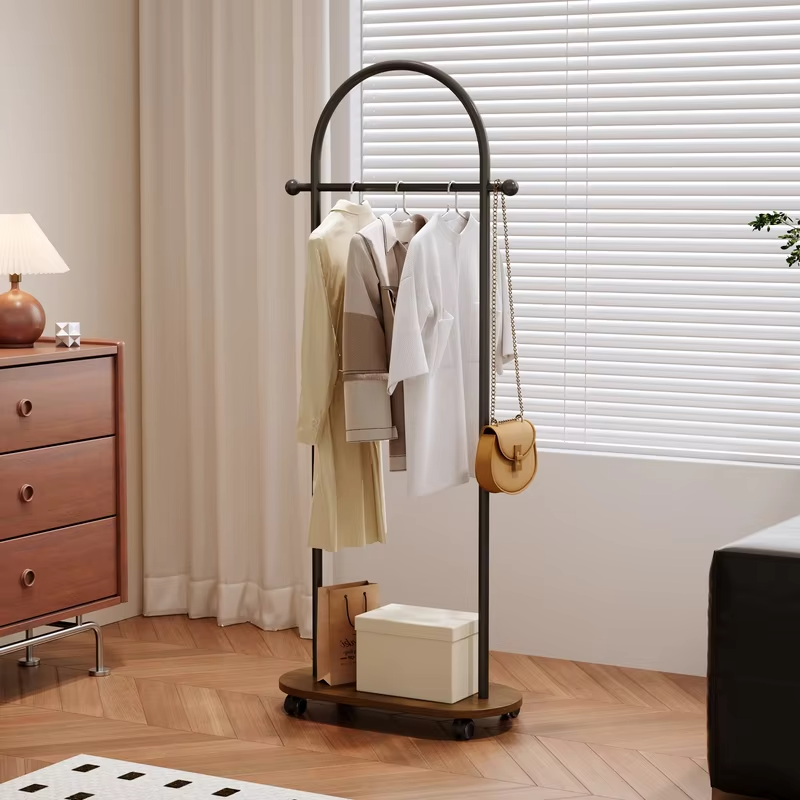 Household Floor-Standing Clothes Rack for Bedroom, Movable Vintage Wooden Coat Rack, New Storage Clothes Rack