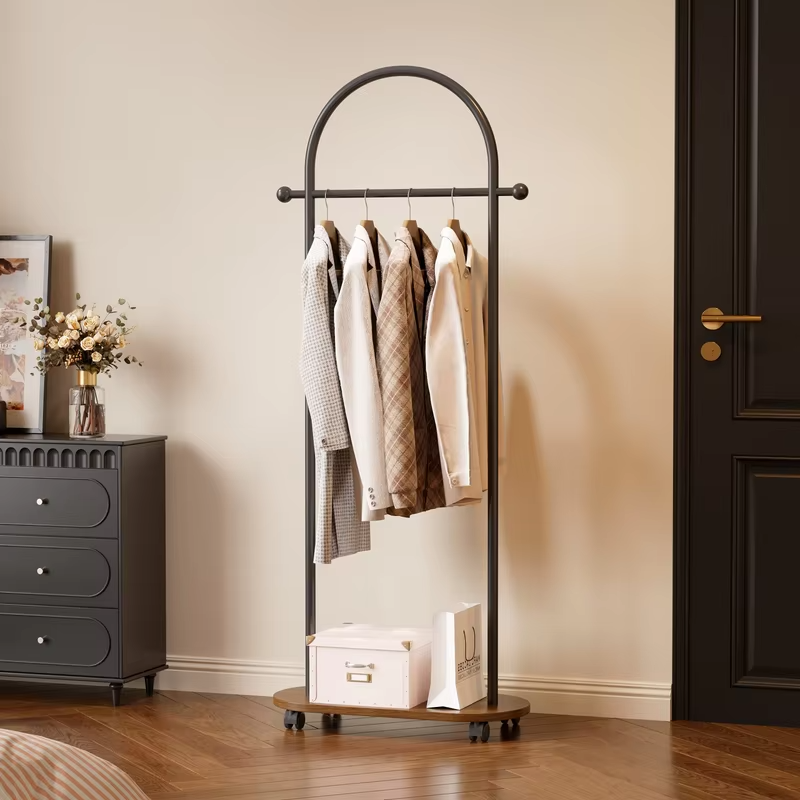 Household Floor-Standing Clothes Rack for Bedroom, Movable Vintage Wooden Coat Rack, New Storage Clothes Rack