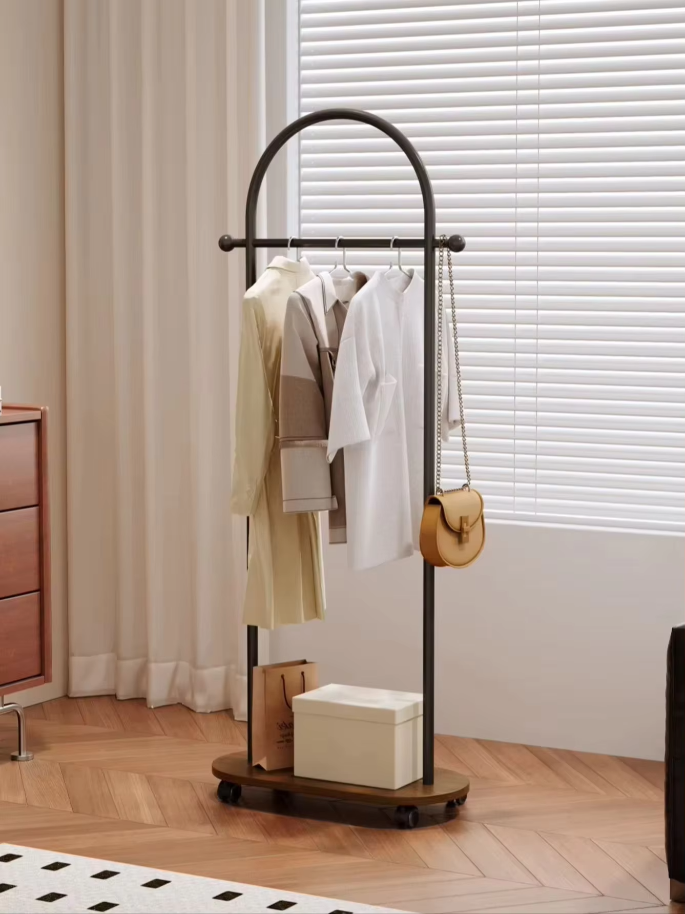 Household Floor-Standing Clothes Rack for Bedroom, Movable Vintage Wooden Coat Rack, New Storage Clothes Rack