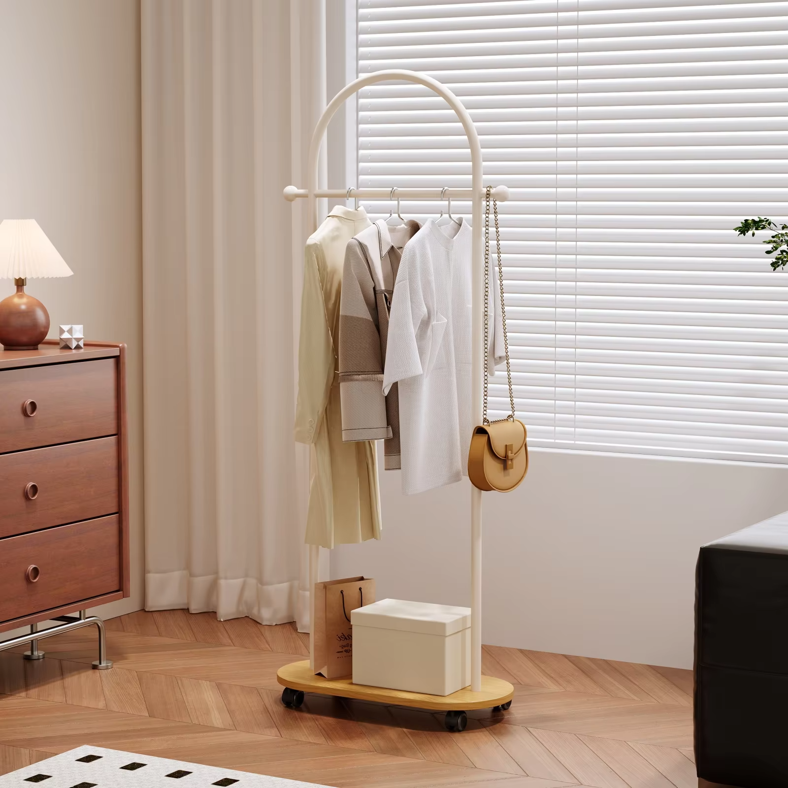 Household Floor-Standing Clothes Rack for Bedroom, Movable Vintage Wooden Coat Rack, New Storage Clothes Rack