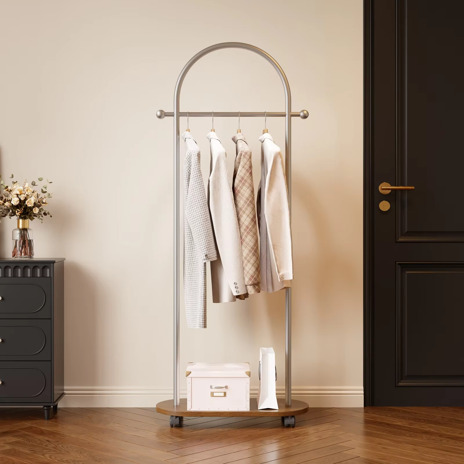 Household Floor-Standing Clothes Rack for Bedroom, Movable Vintage Wooden Coat Rack, New Storage Clothes Rack