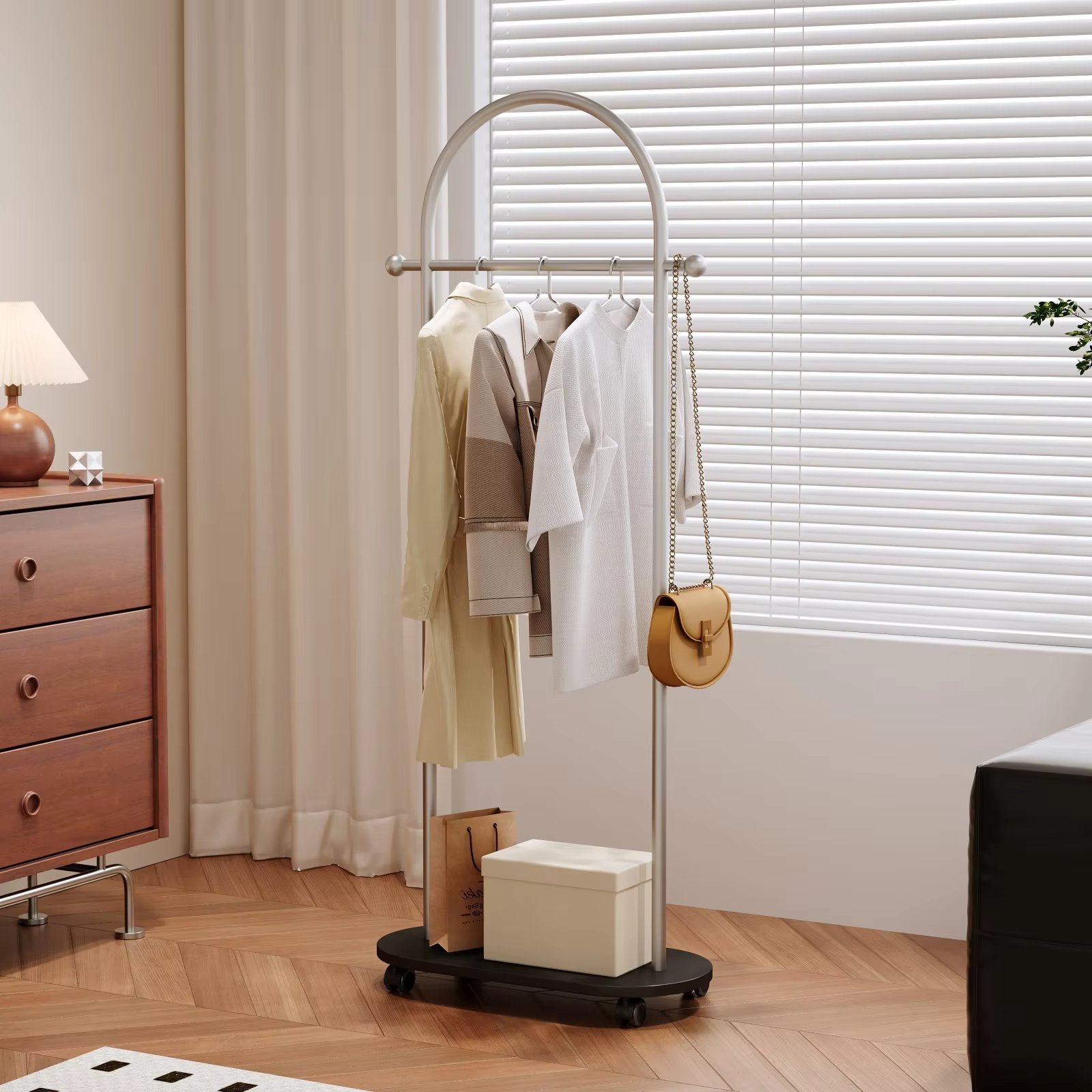 Household Floor-Standing Clothes Rack for Bedroom, Movable Vintage Wooden Coat Rack, New Storage Clothes Rack