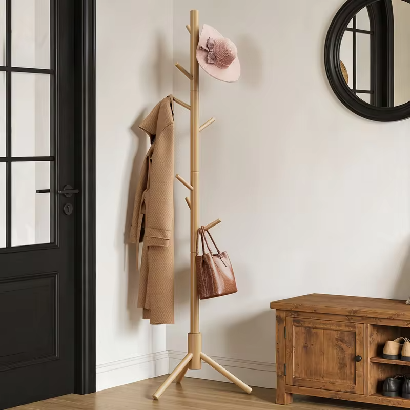 Solid Wooden Coat Rack Freestanding, Hall Tree with 8 Hooks, 3 Height Options for Coats, Hats, Handbags, and Scarves, Tool-Free Assembly, Space Saving Design for Entryway, Office, Bedroom