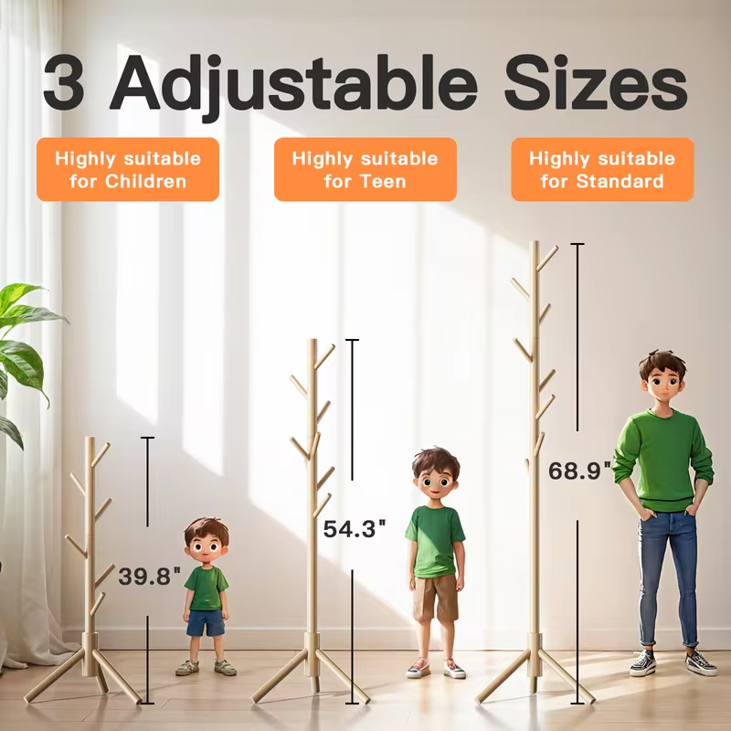 Solid Wooden Coat Rack Freestanding, Hall Tree with 8 Hooks, 3 Height Options for Coats, Hats, Handbags, and Scarves, Tool-Free Assembly, Space Saving Design for Entryway, Office, Bedroom
