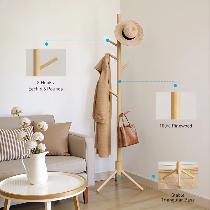 Solid Wooden Coat Rack Freestanding, Hall Tree with 8 Hooks, 3 Height Options for Coats, Hats, Handbags, and Scarves, Tool-Free Assembly, Space Saving Design for Entryway, Office, Bedroom