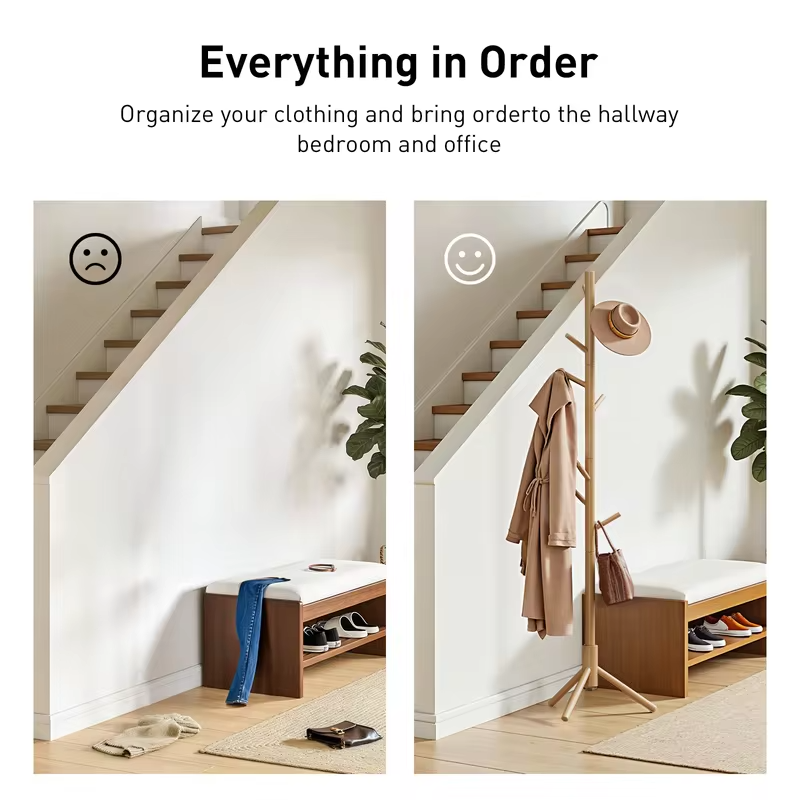 Solid Wooden Coat Rack Freestanding, Hall Tree with 8 Hooks, 3 Height Options for Coats, Hats, Handbags, and Scarves, Tool-Free Assembly, Space Saving Design for Entryway, Office, Bedroom