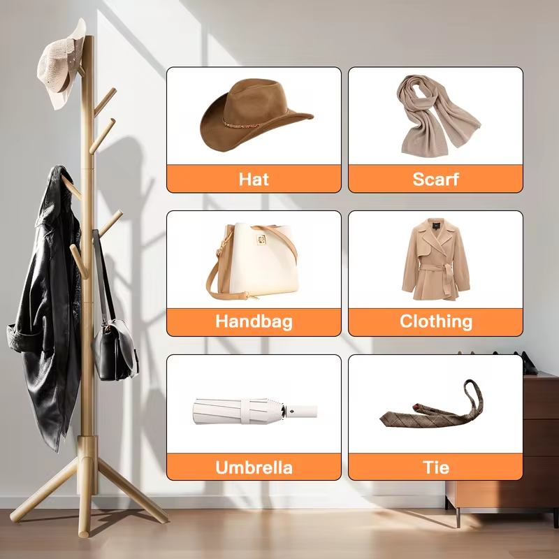 Solid Wooden Coat Rack Freestanding, Hall Tree with 8 Hooks, 3 Height Options for Coats, Hats, Handbags, and Scarves, Tool-Free Assembly, Space Saving Design for Entryway, Office, Bedroom