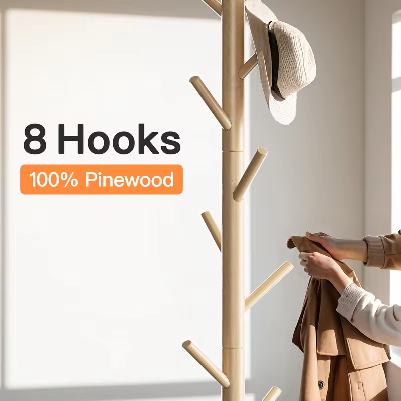 Solid Wooden Coat Rack Freestanding, Hall Tree with 8 Hooks, 3 Height Options for Coats, Hats, Handbags, and Scarves, Tool-Free Assembly, Space Saving Design for Entryway, Office, Bedroom