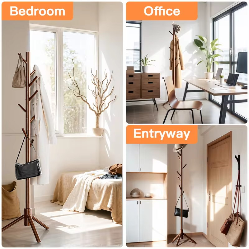 Solid Wooden Coat Rack Freestanding, Hall Tree with 8 Hooks, 3 Height Options for Coats, Hats, Handbags, and Scarves, Tool-Free Assembly, Space Saving Design for Entryway, Office, Bedroom