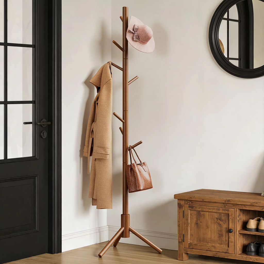 Solid Wooden Coat Rack Freestanding, Hall Tree with 8 Hooks, 3 Height Options for Coats, Hats, Handbags, and Scarves, Tool-Free Assembly, Space Saving Design for Entryway, Office, Bedroom