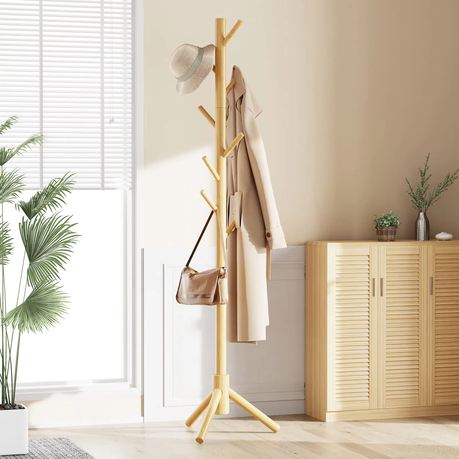 Solid Wooden Coat Rack Freestanding, Hall Tree with 8 Hooks, 3 Height Options for Coats, Hats, Handbags, and Scarves, Tool-Free Assembly, Space Saving Design for Entryway, Office, Bedroom