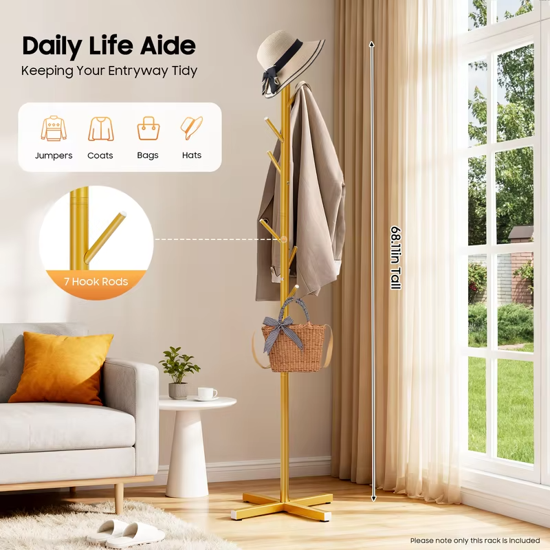 Gold Metal Coat Rack Tree-Shaped Vertical 7 Rod Floor Standing Hanger Storage Rack Coat Hat Scarf Holder for Bedroom Entrance